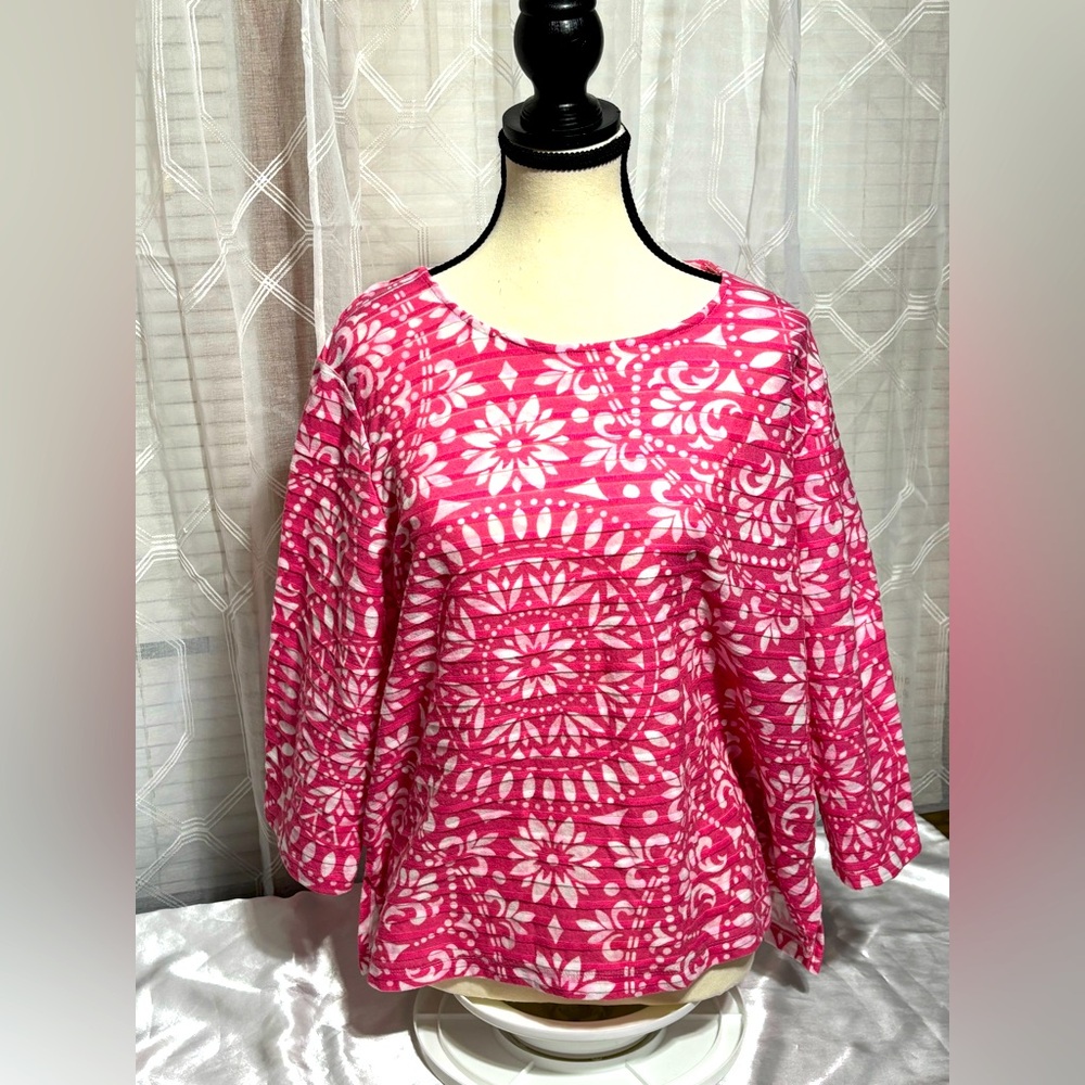 Alfred Dunner XL PINK & white Siesta Key Monotone Medallion ruffle top 27βL